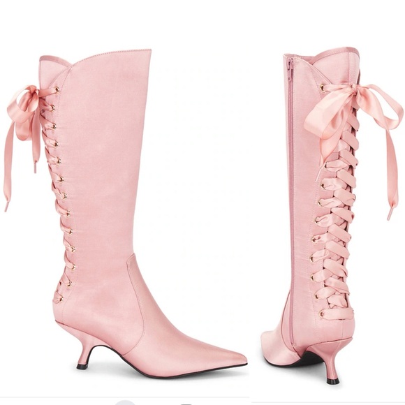 Jeffrey Campbell Shoes - Jeffery Campbell Leggy Boot in Pink Satin Lace Up Corset Revolve Size 8.5